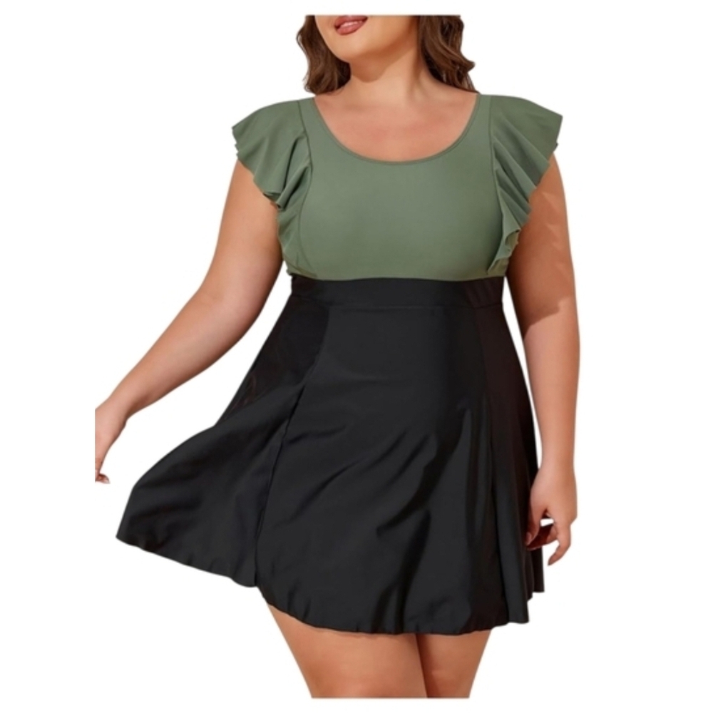SMISMIVO - 4X Green & Black Ruffle Sleeve Swim Dress - Picture 2 of 13